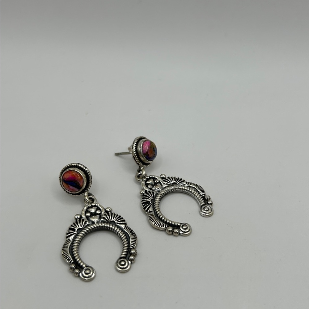 925 Sterling Silver Pink Dahlia Stone Southwest Style Naja Dangle Earrings